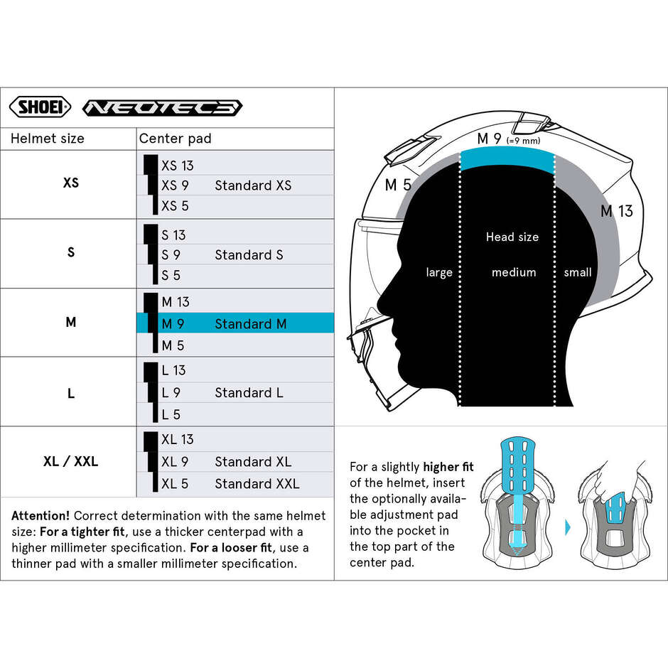 Shoei TYPE-Q CENTER PAD Casque interne pour casque GT AIR 3 ; NEOTEC 3; J-CRUISE 3